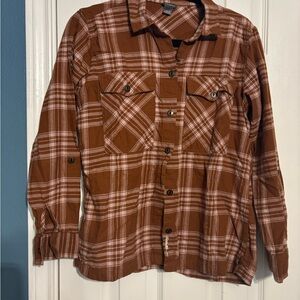 Eddie Bauer Women’s Plaid Flannel Brown Button Up Long Sleeve Pull Tabs Size s